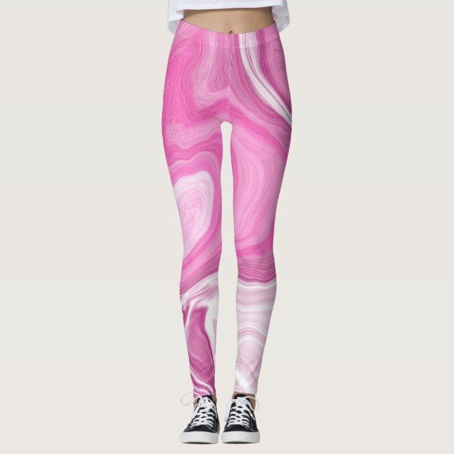 Rosa och vitt med Lila Marble Art Leggings (Framsida)