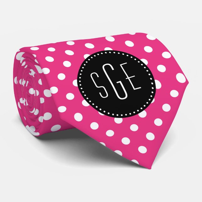 Rosa och vitt polka dots med svart monogram slips (Rullad)