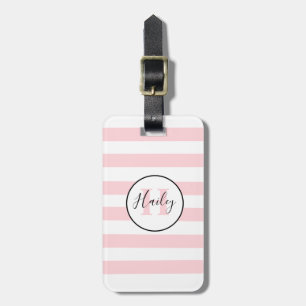Rosa och vitt rand trendig monogram bagagebricka