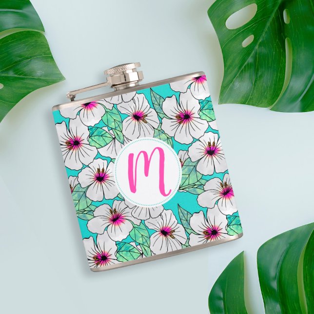 Rosa och vitt Tropiskt Hibiscus-Blommönster Fickplunta (Tropical Hibiscus Monogram Flask)