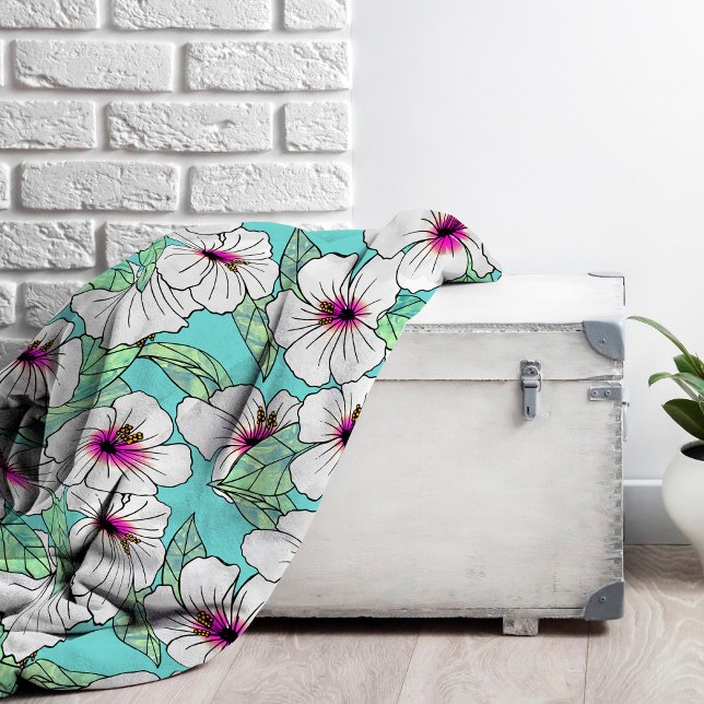 Rosa och vitt Tropiskt Hibiscus-Blommönster Fleecefilt (Tropical Hibiscus Floral Pattern Fleece Blanket)