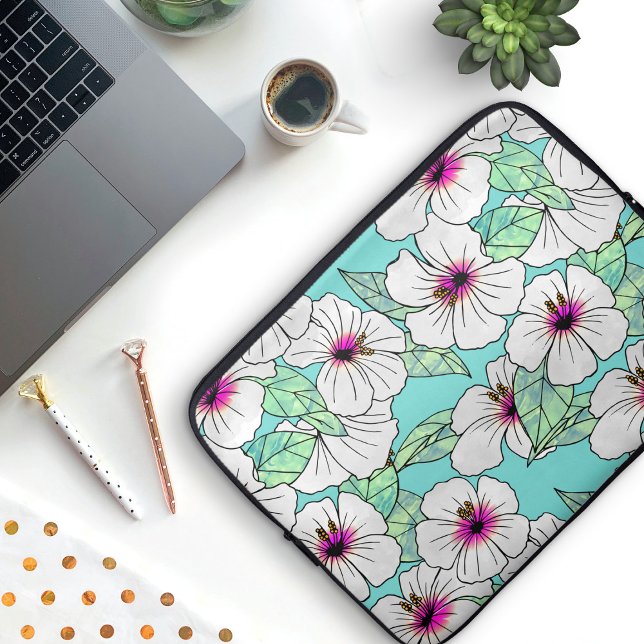 Rosa och vitt Tropiskt Hibiscus-Blommönster Laptop Fodral (Hibiscus Pattern Laptop Sleeve)