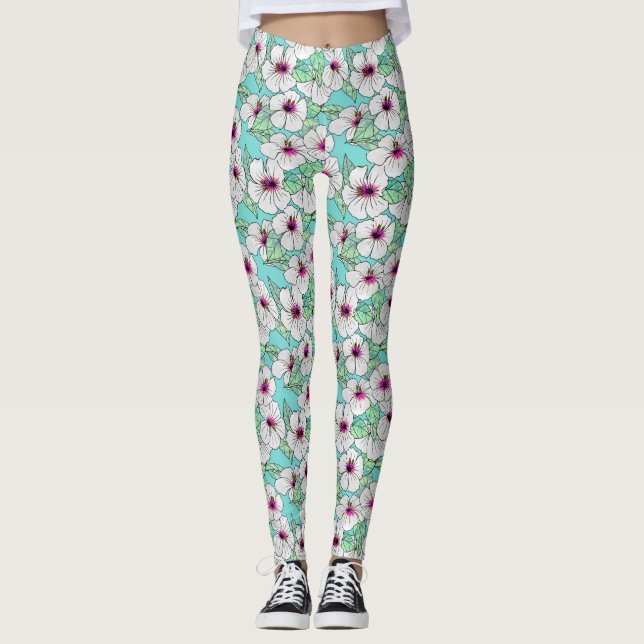 Rosa och vitt Tropiskt Hibiscus-Blommönster Leggings (Framsida)