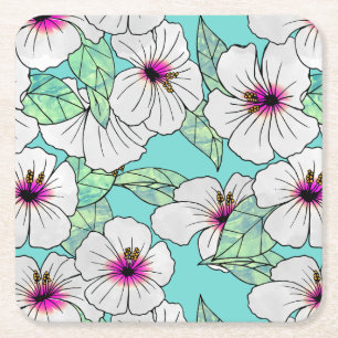 Rosa och vitt Tropiskt Hibiscus-Blommönster Underlägg Papper Kvadrat