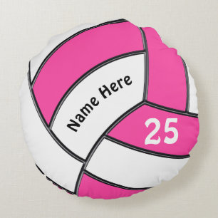 Rosa- och vitvolleyboll kudder med namn, numrerar rund kudde