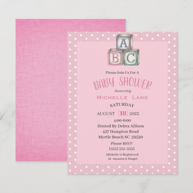 Rosa och White Baby Blocks Girl Shower-inbjudan Inbjudningar (Fram/baksida)