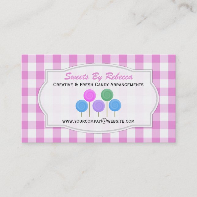 Rosa och White Gingham: Candy Affärskort Visitkort (Framsida)