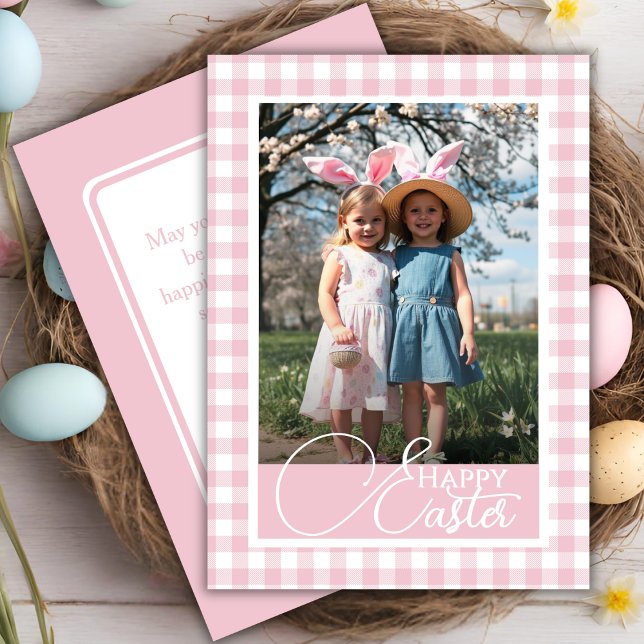 Rosa och White Gingham Glad påsk Anpassningsbar Ph Julkort (Pink And White Gingham Happy Easter Custom Photo Holiday Card)