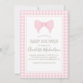 Rosa och White Gingham Mönster Baby Shower Inbjudningar