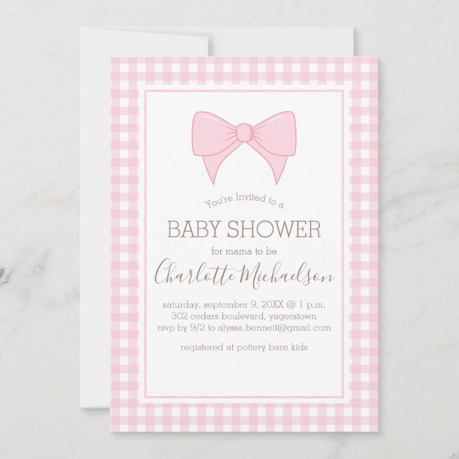 Rosa och White Gingham Mönster Baby Shower Inbjudningar (Framsida)