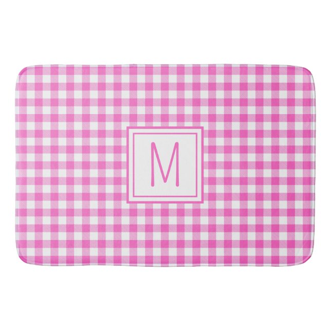 Rosa och White Gingham Play Monogram Badrumsmatta (Framsidan)