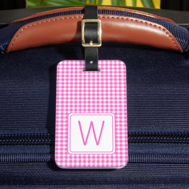 Rosa och White Gingham Play Monogram Bagagebricka (Framsida Insitu 2)