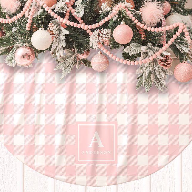 Rosa och White Gingham Play Monogram Julgransmatta Borstad Polyester (Skapare uppladdad)