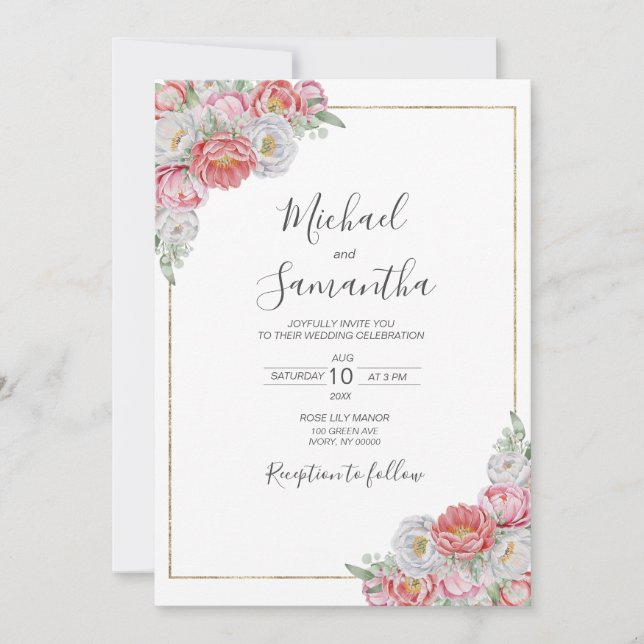 Rosa och White Peony Bröllop Inbjudningar (Framsida)