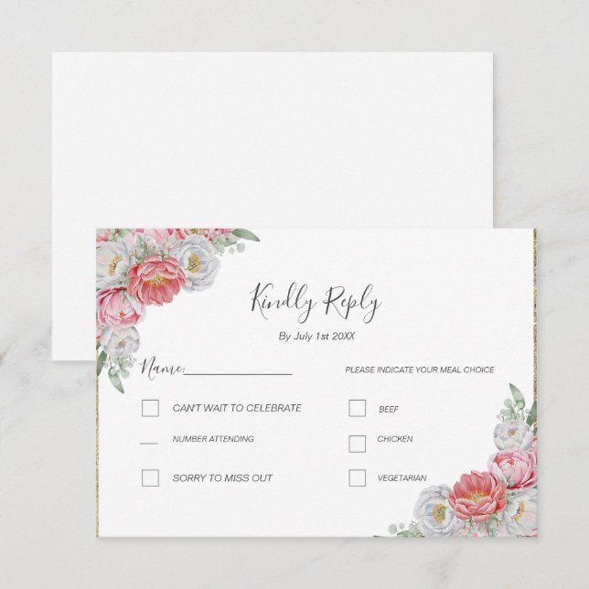 Rosa och White Peony Bröllop OSA Kort (Fram/baksida)