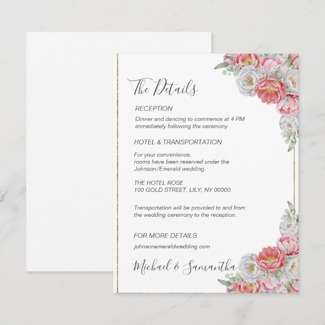 Rosa och White Peony Bröllop Tilläggskort (Fram/baksida)