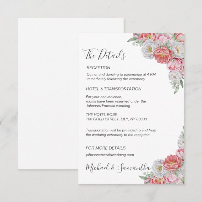 Rosa och White Peony Bröllop Tilläggskort (Fram/baksida)