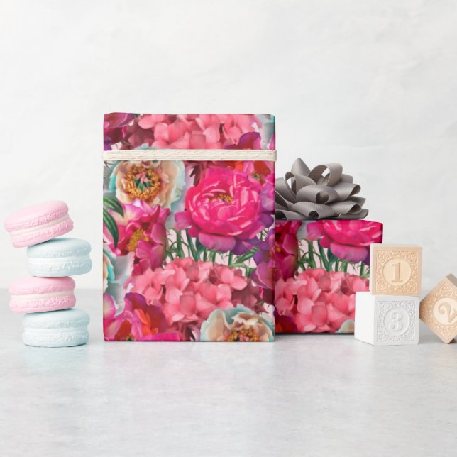 Rosa och White Peony och Hydrangea Flowers Presentpapper (Baby Shower)