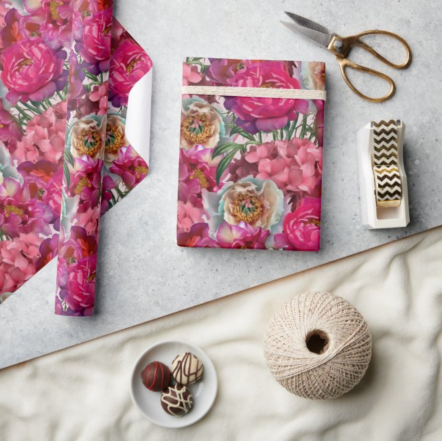 Rosa och White Peony och Hydrangea Flowers Presentpapper (Hantverk)