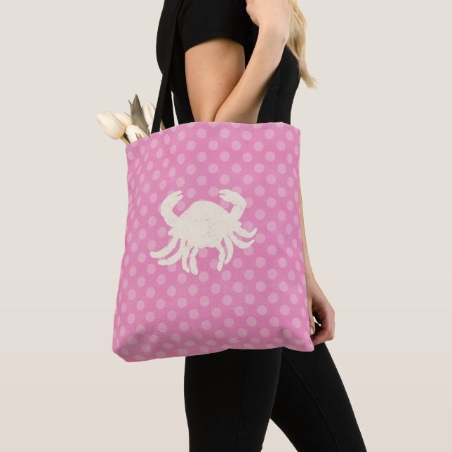 Rosa och White Polka Dot Crab Hund Travel Tote Bag Tygkasse (Närbild)