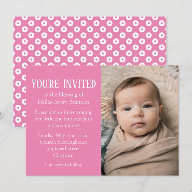 Rosa- och White Polka-dot Photo Baby Bluting Inbjudningar (Fram/baksida)