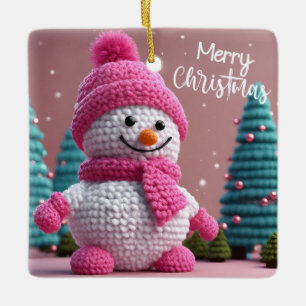 Rosa och White Polka Dot Snögubbe Julgransprydnad Keramik