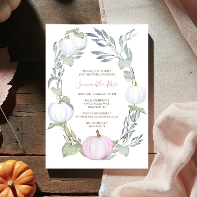 Rosa och WHITE PUMPKIN Greenery BABY Shower Inbjud Inbjudningar (Girl baby shower pink watercolor pumpkin fall invitations)