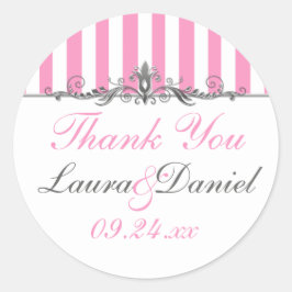 Rosa- och White Stripe Wedding Favor Sticker Runt Klistermärke