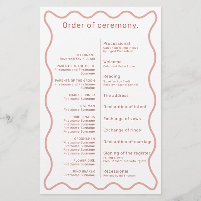 Rosa och White Vågigt Gräns Ceremony-programmet (Baksida)