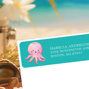 Rosa Octopus Baby Shower Returadress Etikett