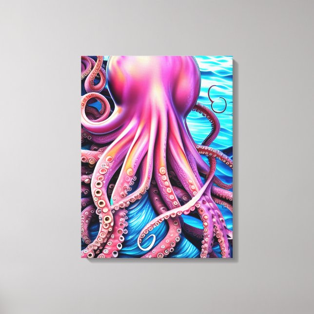 Rosa Octopus Blue Ocean Wave Background Canvastryck (Framsida)