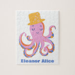 Rosa Octopus Quirky Dancing Animal Personlig Pussel<br><div class="desc">En roligt för alla bläckfiskar fläkt! Den här slakten i rosa och gult dansar bort med en roligt top hat. Anpassa det med ditt namn!</div>