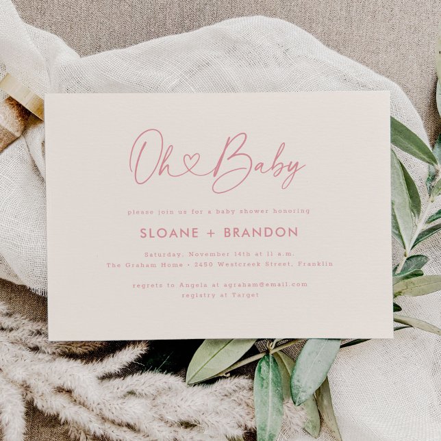 Rosa Oh Baby Heart Calligraphy Simple Baby Shower Inbjudningar (Skapare uppladdad)