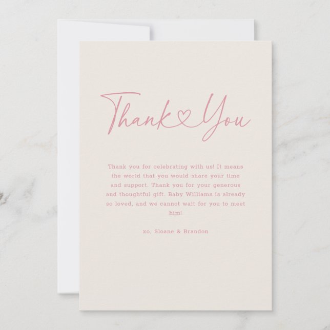 Rosa Oh Baby Heart Calligraphy Simple Baby Shower Tack Kort (Framsida)