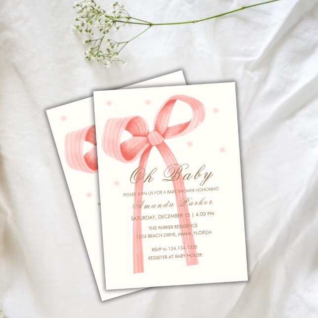 Rosa Oh Baby minimalist Polka Dot Bow Baby Shower Inbjudningar (Pink Oh Baby Minimalist Polka Dot Bow Baby Shower Invitation)