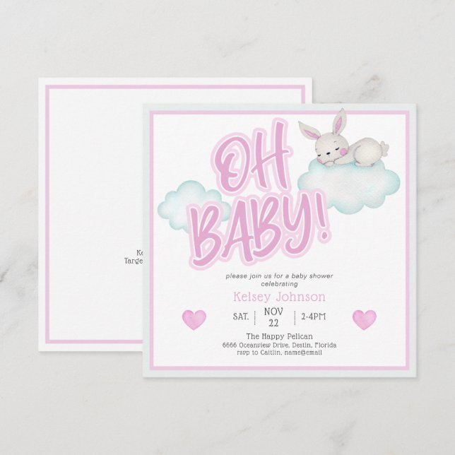 Rosa Oh Baby Woodland Animals Baby Shower Inbjudningar (Fram/baksida)