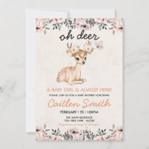 Rosa Oh Hjort Baby Shower-inbjudan för Blommigt Inbjudningar