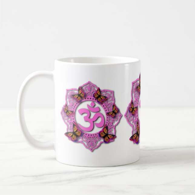 Rosa Ohm mandala-design med Monarch-fjärilar Kaffemugg (Vänster)
