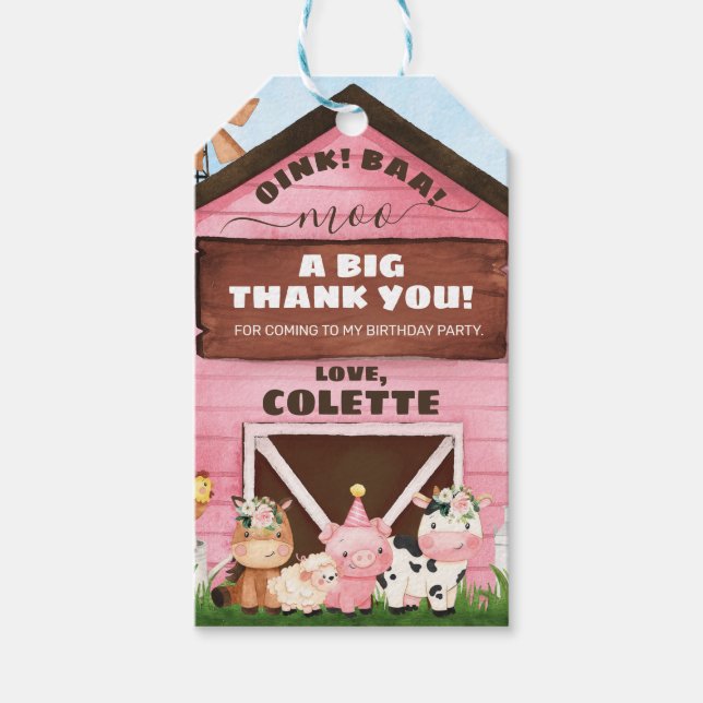 Rosa Oink Baa Moo Farm Birthday Tack Presentetikett (Framsidan)