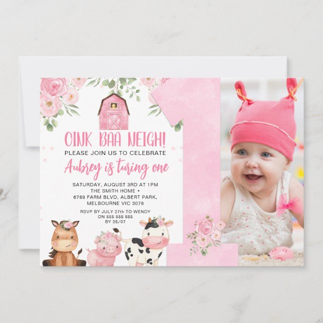 Rosa Oink Baa Neigh Girls 1:a födelsedagsinbjudan Inbjudningar (Framsida)