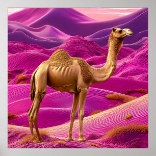 🐪 Rosa ökenkamel solnedgång drömsamma sandar land Poster