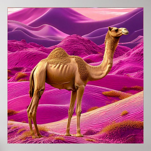 🐪 Rosa ökenkamel solnedgång drömsamma sandar land Poster (Framsidan)