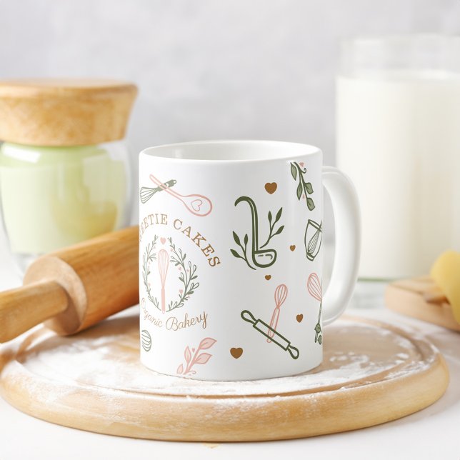 Rosa & Oliv grönt Baking & Cooking Utensil Bakery Kaffemugg (Pink & Olive Green Baking & Cooking Utensil Bakery Coffee Mug)