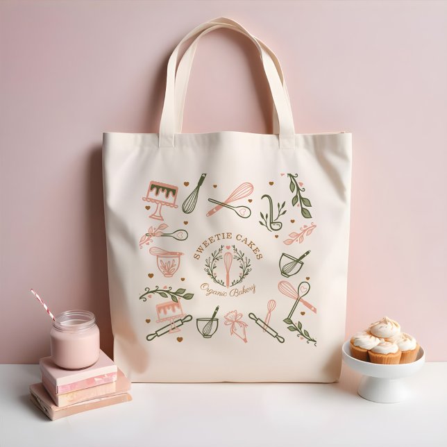 Rosa & Oliv grönt Baking & Cooking Utensil Bakery Tygkasse (Pink & Olive Green Baking & Cooking Utensil Bakery Tote Bag)