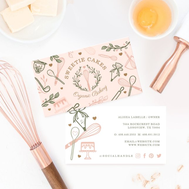 Rosa & Oliv grönt Baking & Cooking Utensil Bakery Visitkort (Skapare uppladdad)