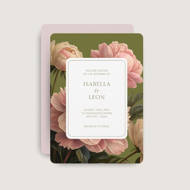  Rosa | Oliv grönt Vintage Ro Bröllop Inbjudningar (Skapare uppladdad)