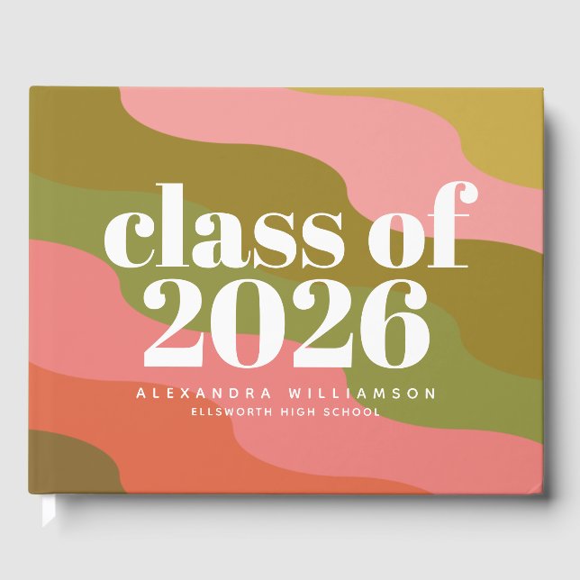 Rosa Olivgrön Retro Våg Klass 2026 Examen Gästböcker (Framsida)
