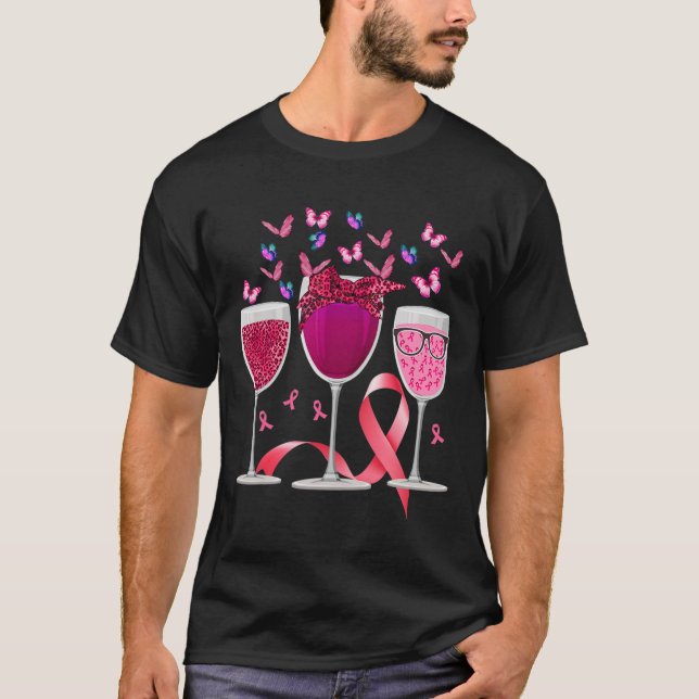 Rosa om bröstcancer med tre Gl Vin Ribbon T Shirt (Framsida)