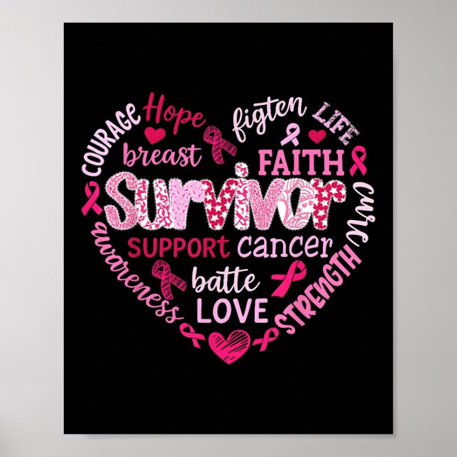 Rosa om bröstcancer Ribbon Heart Survivor Poster (Framsidan)