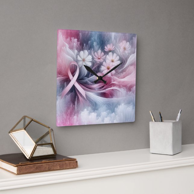 Rosa om bröstcancermedvetenhet Abstrakt med ribbon Fyrkantig Klocka (Kontor)